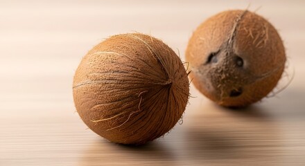 Whole coconuts arranged on a light brown background with depth of field, providing natural texture and ample copy space