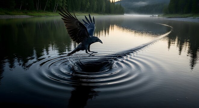 A majestic bird taking flight from a calm lake during sunset, creating ripples in the water and reflecting the surrounding lush green landscape and cloudy sky