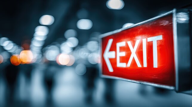 A vibrant red exit sign with an arrow, prominently displayed against a blurry background, guides individuals toward safety and a clear path.