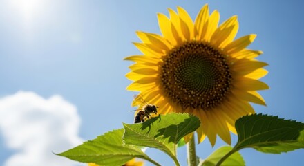 Fototapeta premium A vibrant sunflower stands tall under a bright blue sky, with a busy bee resting on its green leaf, bathed in warm sunlight.