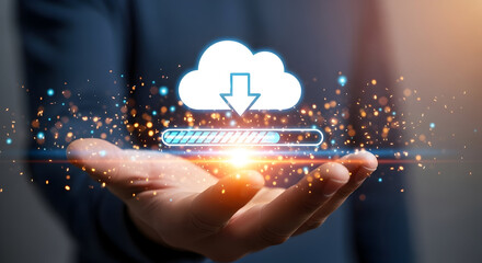Modern cloud computing download concept with hand and progress bar effect