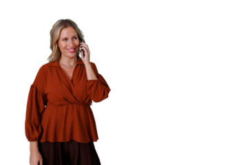 Professional woman talking on phone smiling, having a conversation, communicating business, transparent background