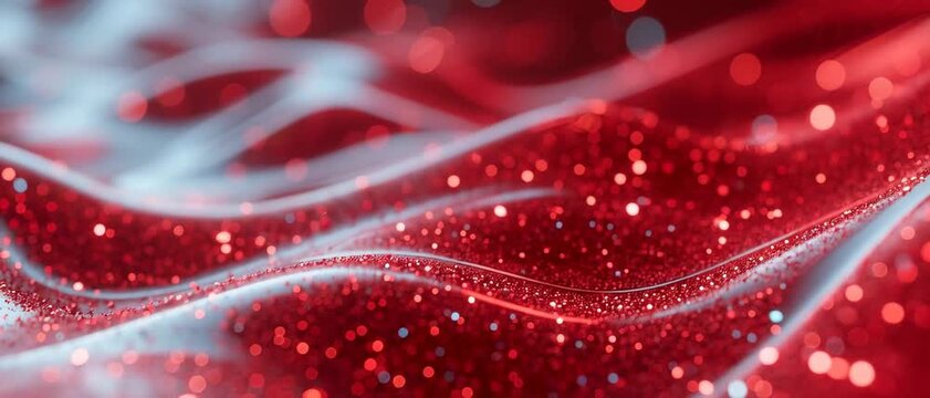 Flowing Waves, Red Glitter Fabric, Macro Closeup, Sparkling Texture, Abstract Background, Dynamic Viewpoint, Luxury Concept
