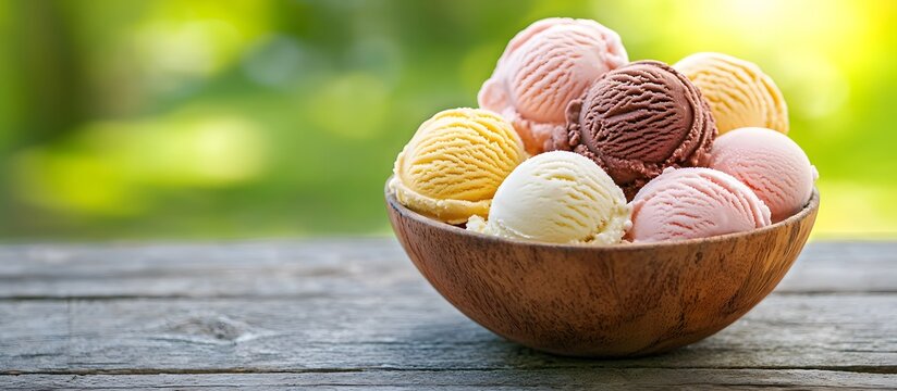 scoops of ice cream of different flavors in a bowl on a green background