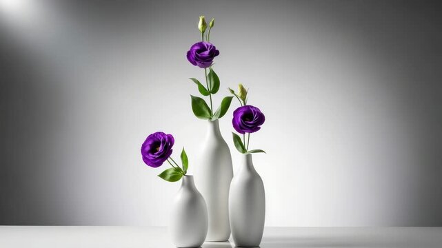 Three elegant white vases display vibrant purple eustoma flowers. A minimalist floral arrangement for sophisticated decor. Beautiful botanical elements create a serene atmosphere