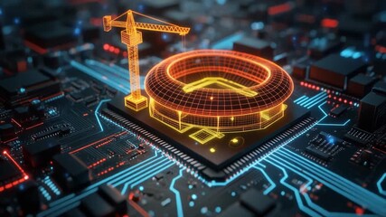 Digital Stadium Construction on Circuit Board with Crane and Glowing Lines. - Powered by Adobe