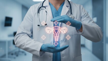 Man holding holographic uterus between hands in sterile light showing women care in reproductive health and sperm analysis