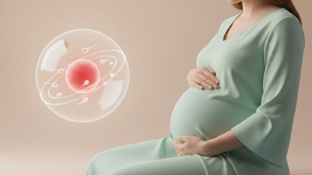 Pregnant woman touching belly beside glowing sperm sphere showing fertility and care in reproductive health and sperm analysis