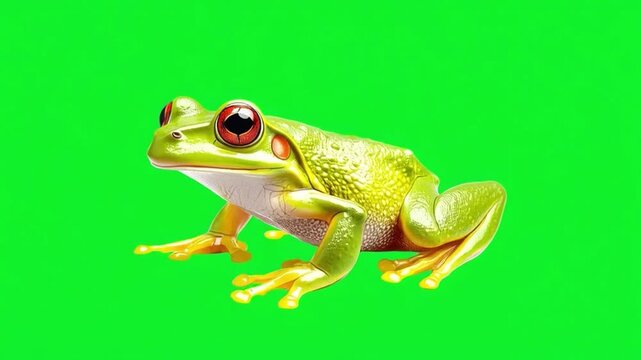 Colorful green frog with bulging throat pouch blowing a bubble on bright green background, showcasing vibrant amphibian life and nature's wonders