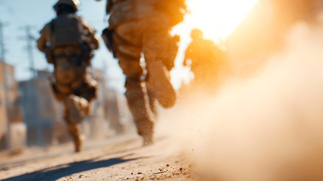 Rescue team in tactical gear runs coordinated outdoor drill together