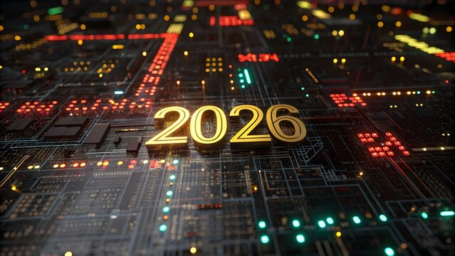 Futuristic digital composition displaying a glowing “2026” integrated into an illuminated circuit board, representing technology, innovation, advancement, and modern electronic design.