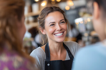 Cafe owner smiling at customers while wearing an apron