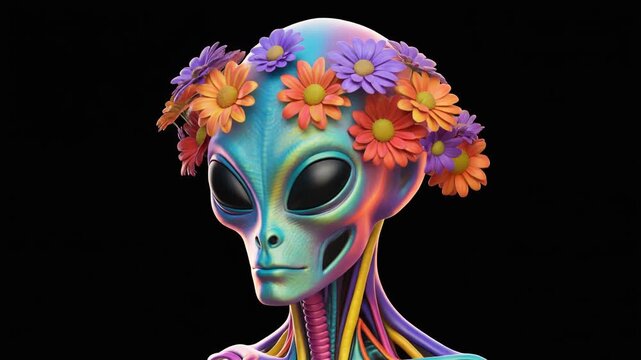 Intriguing alien figure adorned with vibrant flowers
