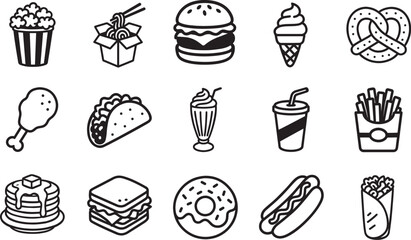 A mouthwatering array of fast food, depicted in a stylish minimalist line art, tantalizes the viewer with its diverse selection of comforting and convenient culinary treats.