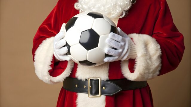 Festive holiday portrait showing Santa Claus holding a classic soccer ball, combining Christmas charm with athletic spirit in a playful seasonal sports-themed composition. - Powered by Adobe
