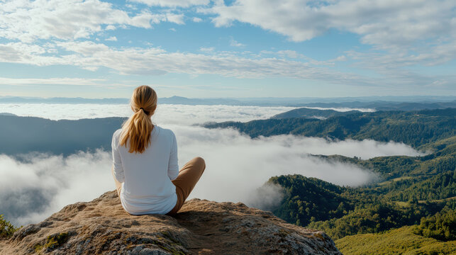 Woman sitting on cliff overlooking foggy valley at sunrise peaceful contemplation - Powered by Adobe