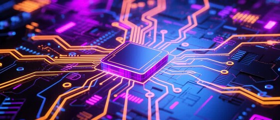 Circuit Board Activation, Central Processor Chip, Technology Close-Up, Neon Glow Render, Futuristic PCB, Macro Viewpoint, Digital Innovation Concept - Powered by Adobe