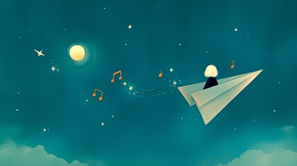 Paper airplane and child under the moonlight, musical symbols and starlight, children's fairy tale themed gatherings, party concerts, music festivals