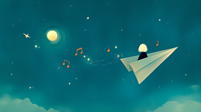 Paper airplane and child under the moonlight, musical symbols and starlight, children's fairy tale themed gatherings, party concerts, music festivals