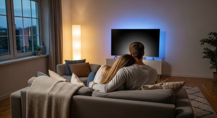 Cozy evening at home: A couple relaxes on the sofa, watching TV in their modern living room with a blend of warm and cool ambient lighting, creating a peaceful and intimate atmosphere.