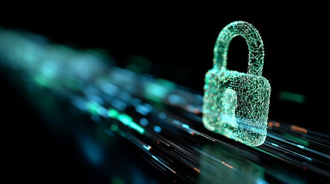 A glowing, intricate digital padlock hovering over a stream of flowing binary code and data streams. Dark background, neon blue and green light, highly detailed, cinematic, symboli