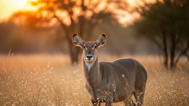 A female waterbuck stands in a grassy field during a beautiful golden sunrise. African wildlife safari animal in its natural habitat with warm backlighting. Panoramic nature banner