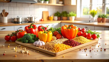 Vibrant assortment of fresh vegetables arranged on a wooden board in a kitchen setting
