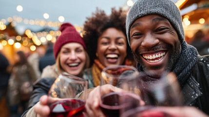 clouse up A diverse group of friends in their 20s, laughing and drinking mulled wine at a bustling European-style Christmas market at dusk. Wooden stalls, fairy lights, and a festi