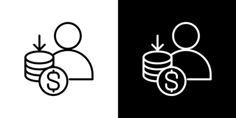 Minimalist line icon representing a person with dollar coins and a downward arrow, symbolizing financial withdrawal, expense, or fund reduction for various digital applications
