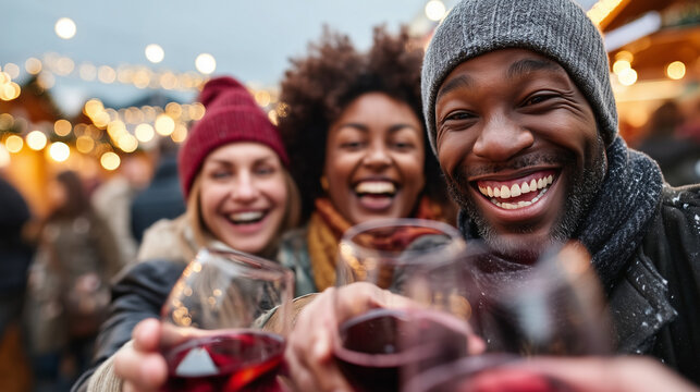 clouse up A diverse group of friends in their 20s, laughing and drinking mulled wine at a bustling European-style Christmas market at dusk. Wooden stalls, fairy lights, and a festi - Powered by Adobe