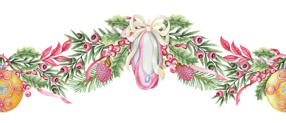Pink ballet flats and glass ball ornament Christmas seamless border. Hand drawn watercolor with colored pencil texture. Festive garland with green yew branch perfect for frame and holiday card design.