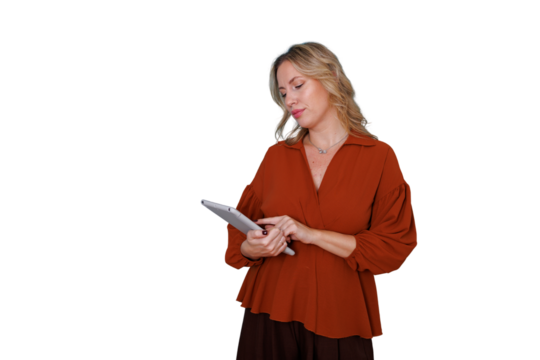 Blonde woman browsing tablet, using modern technology for digital business, communication, and online work with transparent background