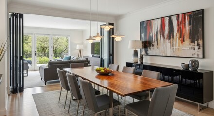 Fototapeta premium Elegant Open-Concept Dining and Living Room with Modern Wood Table, Grey Chairs, Contemporary Art, and Bright Nature Views