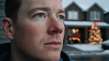 Contemplative man with bright eyes gazes toward illuminated holiday trees; quiet winter scene evokes peaceful and introspective feelings.