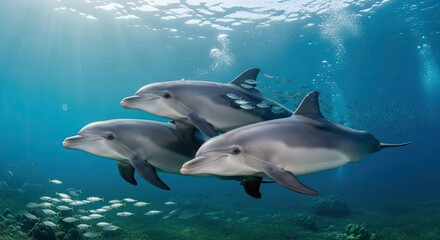 Naklejka premium Three Majestic Dolphins Swimming Underwater with a School of Fish and Sun Rays in Vibrant Blue Ocean Waters