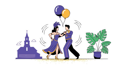 Couple dancing in carnival style with balloons