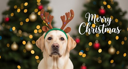 Cute Labrador Dog in Reindeer Antlers Wishing Merry Christmas with Blurred Lights and Christmas Trees