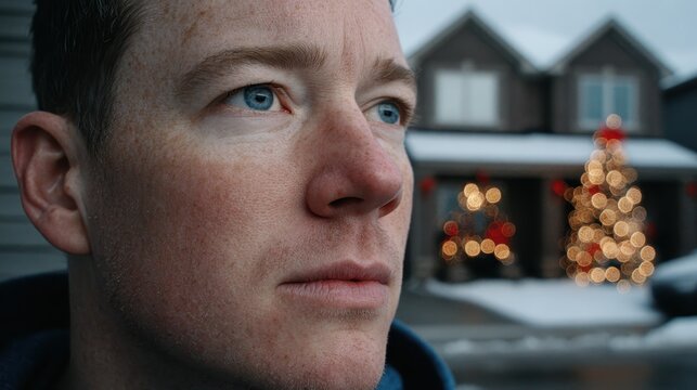 Contemplative man with bright eyes gazes toward illuminated holiday trees; quiet winter scene evokes peaceful and introspective feelings. - Powered by Adobe