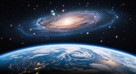 Stunning Orbital View of Planet Earth' Day and Night Sides with Swirling Clouds and City Lights, Set Against a Vast Starlit Sky and a Distant Spiral Galaxy