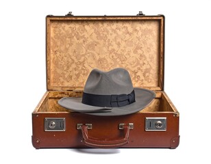 Vintage suitcase with fedora hat evokes travel and timeless style aesthetic