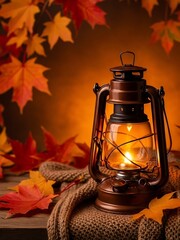 Autumn lantern with warm light and colorful leaves background scene