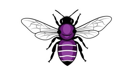 Fototapeta premium A vibrant purple bee with black stripes and transparent wings, depicted in a cartoon or vector style on a white background.