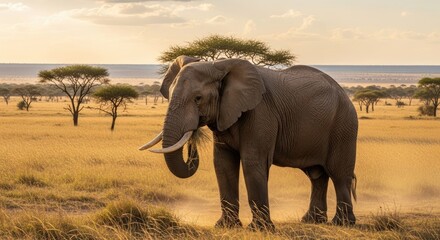 Obraz premium Majestic African Elephant Grazing in Golden Hour Savanna, Kicking Up Dust During Sunset