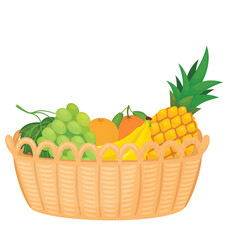 Wicker basket filled with assorted fresh fruits including grapes oranges bananas and pineapple with green leaves against a white background for healthy eating and nutrition