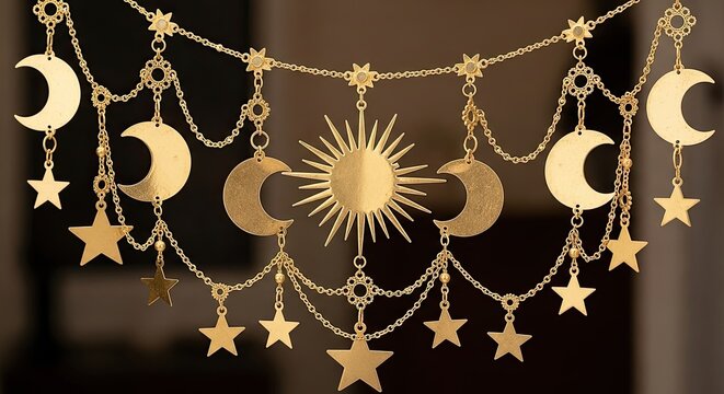Intricate Gold Celestial Garland featuring Suns, Moons, and Stars on Ornate Chains