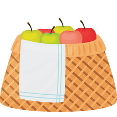 Woven Basket Filled with Assorted Red and Green Apples Draped with White Cloth on Transparent Background