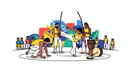 Capoeira performance with audience and vibrant background