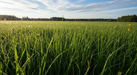 Sparkling morning dew on lush green grass in a sun-drenched meadow at sunrise, with a distant forest under a clear blue sky