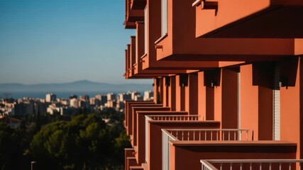 Abstract architectural facade of a modern terracotta building with repeating geometric patterns. Scenic urban view from balconies overlooking a coastal city and the sea - Powered by Adobe