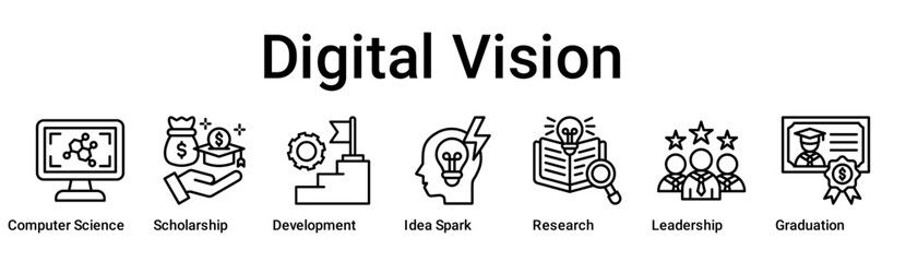 Digital Vision banner web icon vector illustration concept for education with icon of Computer Science, Scholarship, Development, Idea Spark, Research, Leadership.